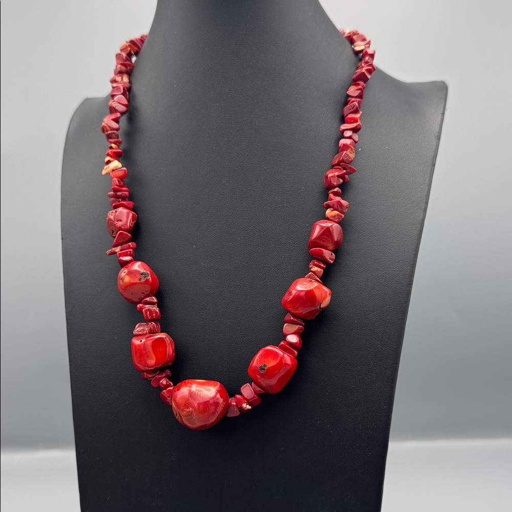 Glossy Dyed Raw Red Coral Stone Necklace